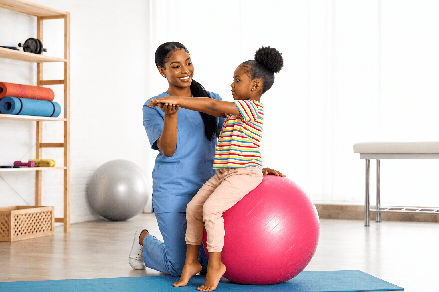 Child engaged in guided exercise therapy