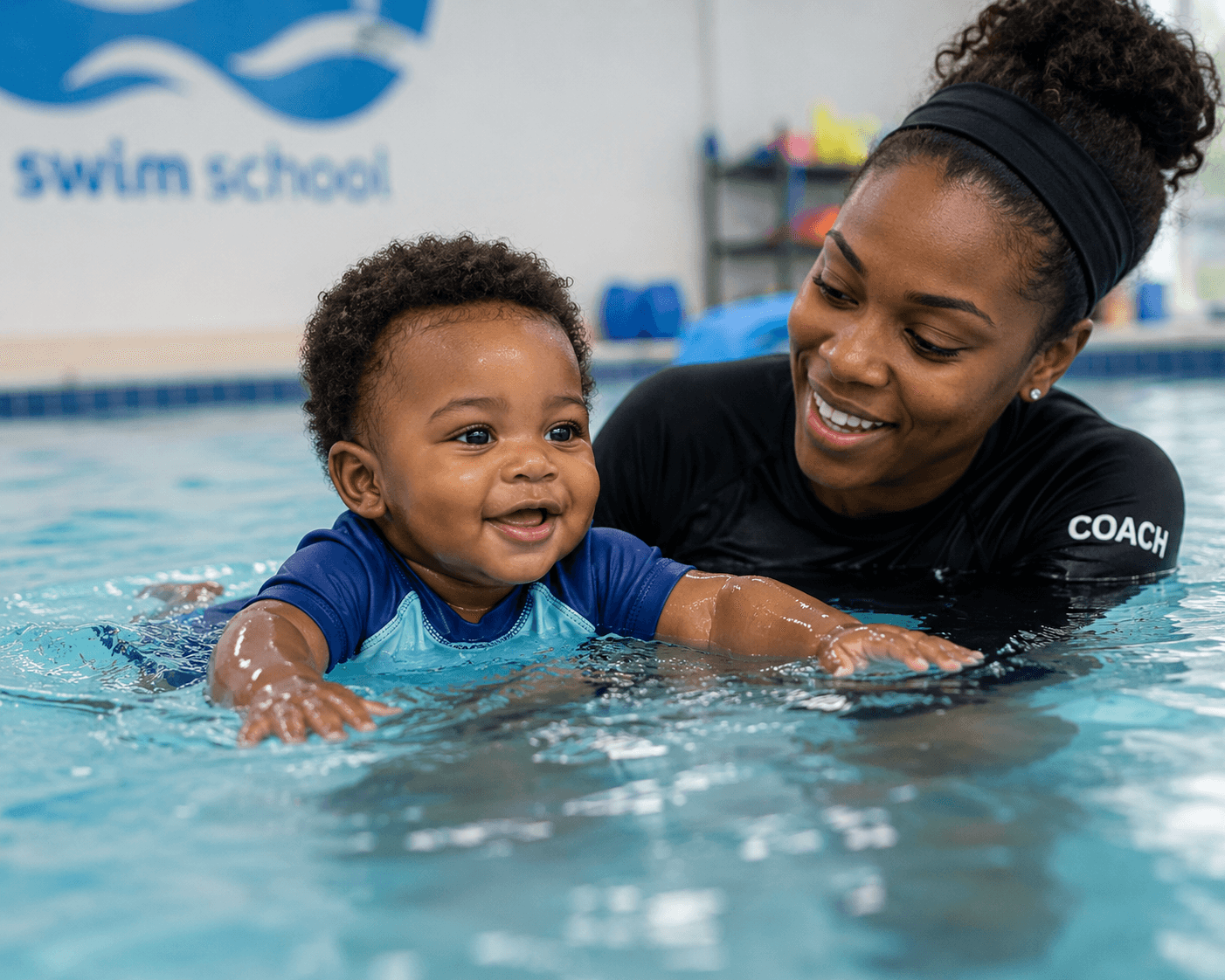 A toddler confidently participating in a safe swimming activity